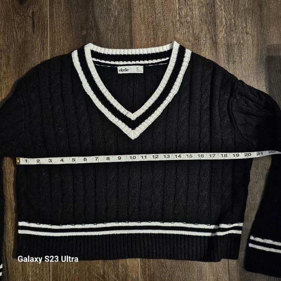 ELODIE Varsity Cable Knit V- neck Sweater In Black White - Picture 6 of 9